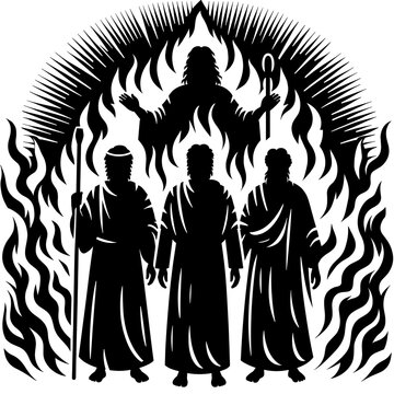 Shadrach, Meshach and Abednego in the fiery furnace and the Savior behind them, Old Testament, black silhouette vector on transparent background
