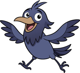 Cartoon raven with spread wings in jumping pose illustrated in flat vector for children�s project design