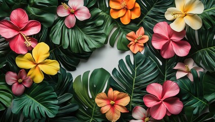 Fototapeta premium Vibrant tropical flowers and leaves frame a white space