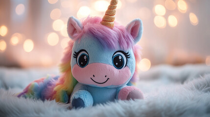 Cute plush unicorn toy with colorful mane lying on soft blanket in warm cozy room with sparkling lights