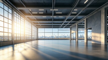 concrete rooftop car showroom with warm morning sunlight, blue sky, city skyline, empty space for product display