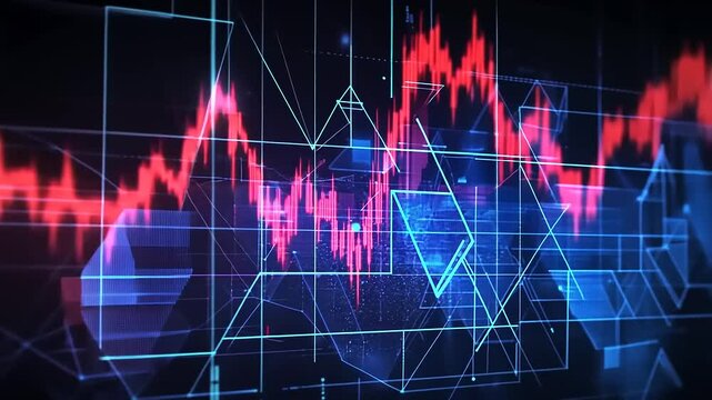 Abstract red and blue stock market graph fluctuating on a dark background with geometric shapes