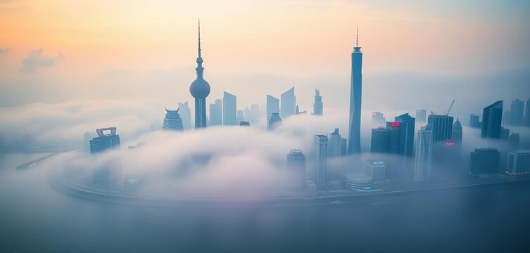 Lujiazui skyline shrouded in morning mist, Shanghai, low, image