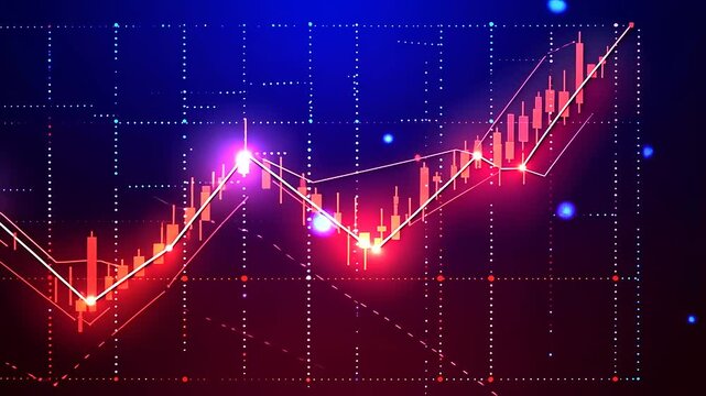 Glowing stock chart with candlestick pattern on dark red and blue background