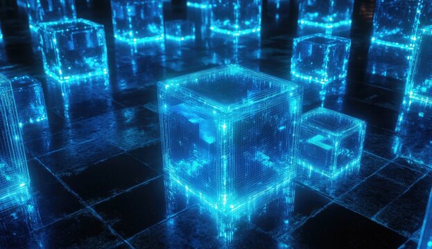 Glowing blue cubes on dark surface