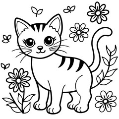 Adorable Kitten Coloring Page with Flowers and Butterflies