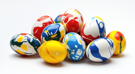Colorful painted Easter eggs clustered together on a white background