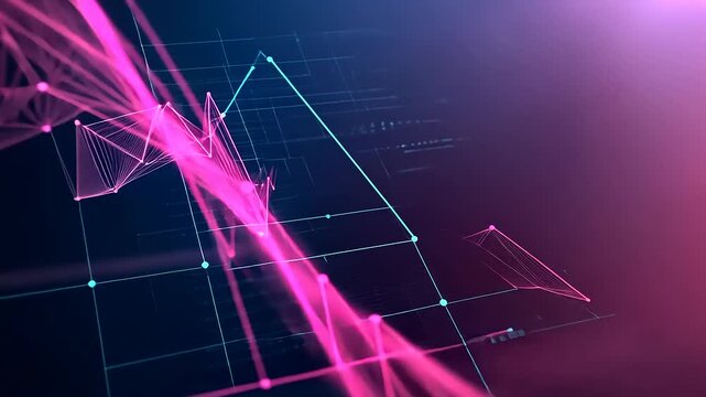 Abstract pink lines and dots form a dynamic graph on a dark digital grid with coding text