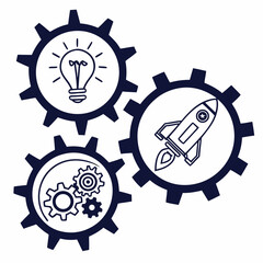 Idea innovation startup rocket launch gears teamwork