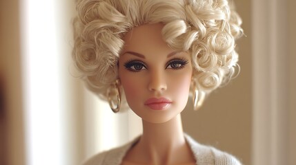 Elegant Blonde Doll with Curly Hairdo Posing Gracefully for Fashion Photography