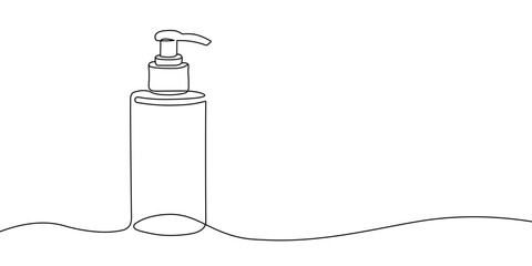 Minimalist one line illustration of a pump dispenser bottle, ideal for soap, lotion, or sanitizer in hygiene and skincare themes. Continuous line of a pump dispenser bottle icon. Vector illustration