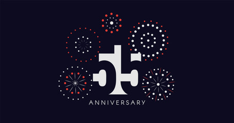 55th Anniversary Celebration Design With Fireworks on Dark Background, Perfect for Milestone Events and Invitations. Vector Illustration