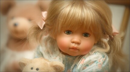 Adorable blonde doll with pigtails sits sweetly beside a plush teddy bear, showcasing childlike innocence and heartwarming charm.