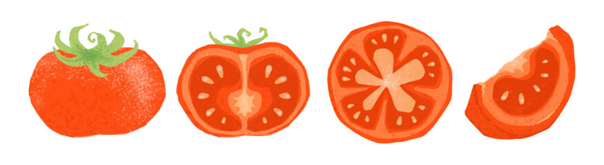 Set of tomato illustrations. Collection of chopped tomatoes hand drawn watercolor crayon cut out style isolated transparent background