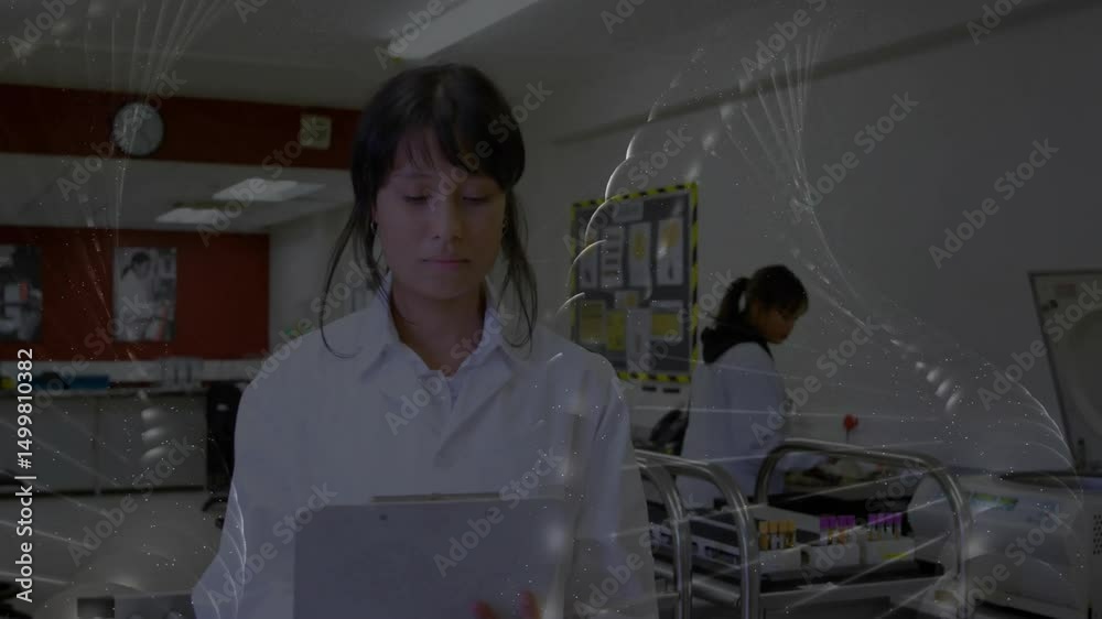 Poster lab technician tapping tablet screen to confirm data, generating network overlay around bench