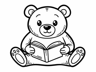 Obraz premium Adorable Teddy Bear Sitting and Reading a Book Coloring Page Illustration