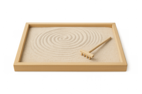 Mini zen garden with sand and a rake forming a spiral pattern promoting relaxation and mindfulness