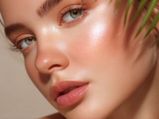 Fototapeta premium Close-up of a woman with radiant skin and a natural makeup look, partially obscured by a green leaf, highlighting beauty and skincare.