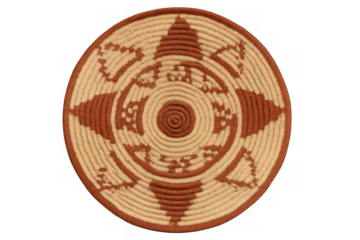 Traditional round woven basket with geometric pattern on transparent background