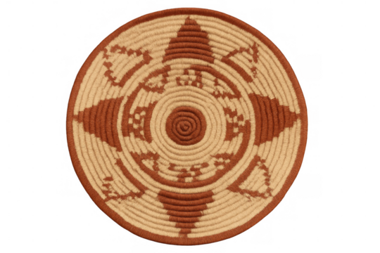 Traditional round woven basket with geometric pattern on transparent background