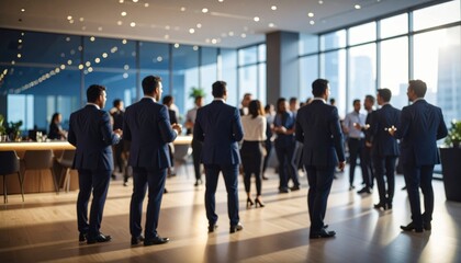 Blurred shot of business people at party or corporate event in office center