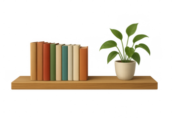 Wooden shelf displaying books and plant on transparent background