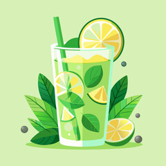 Refreshing Lime and Mint Drink in Glass with Straw