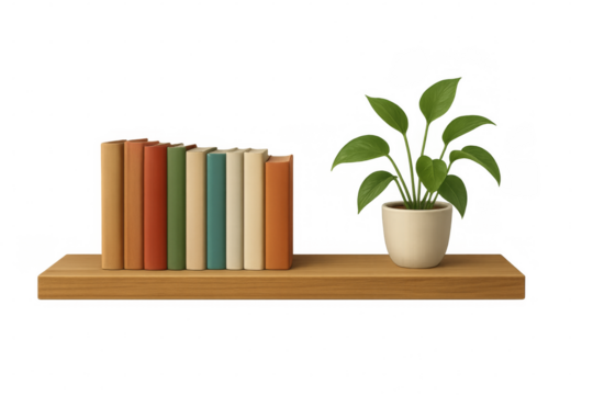 Wooden shelf displaying books and plant on transparent background