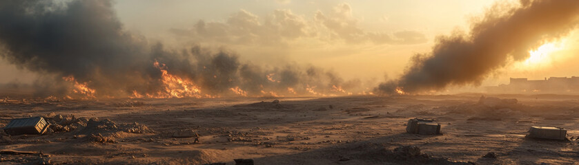 Dramatic desert battlefield scene captures essence of destruction with billowing smoke and flames rising against s et backdrop. landscape is barren, evoking sense of desolation and conflict