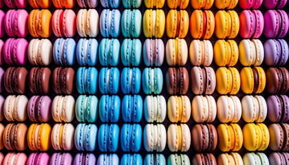Variety of delicious color macaroons, top view.
