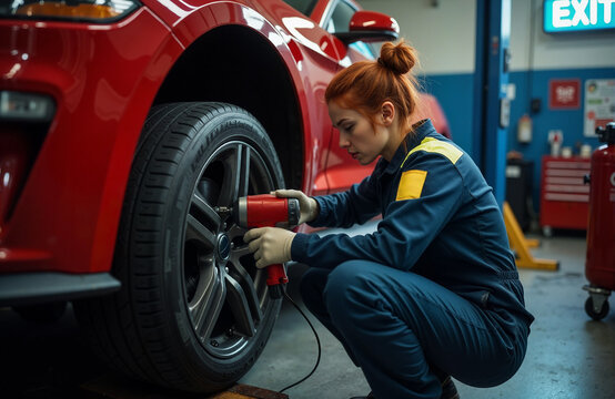 Female Mechanic Changing Car Tire Workshop