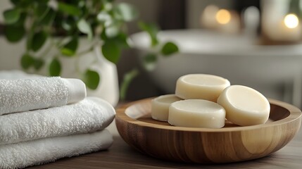 Beautifully styled bowl of soft white towels and a bowl of white candles showcasing vegan conditioner bars on wood