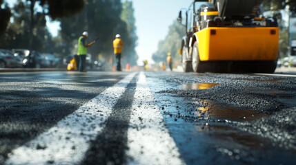 Freshly laid asphalt glistens under sun as workers in safety gear operate machinery on busy street. scene captures essence of urban development and teamwork