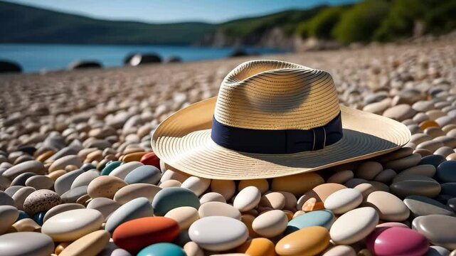 Woven straw hat resting on smooth pebble beach with ocean waves, minimalist coastal aesthetic concept of summer vacations and seaside relaxation