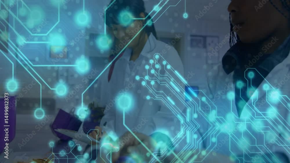 Poster lab scientists lifting vial and assembling purple unit while circuit overlay showing data