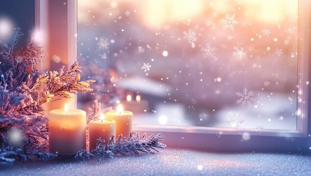 Winter window scene with candles and snow (1)