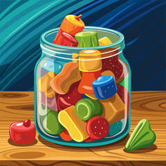 Colorful Assorted Candies in a Glass Jar on Wooden Table