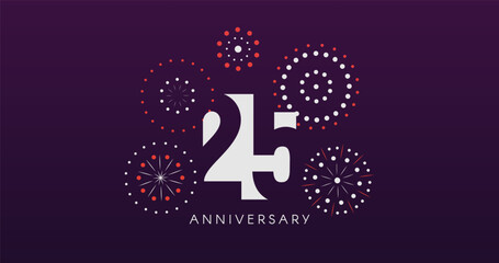 25th Anniversary Celebration Design With Fireworks on Dark Background, Perfect for Milestone Events and Invitations. Vector Illustration