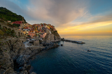 Manarola Coastal Village Sunset Panorama, Italy
