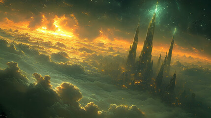 Dreamy aerial view of futuristic city skyline with towering spires emerging from golden clouds under a celestial sky