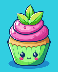 Adorable Cartoon Cupcake with Pink Frosting and Green Leaves