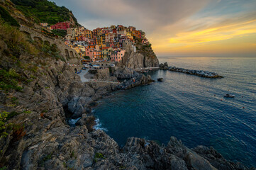Manarola Coastal Village Sunset Panorama, Italy