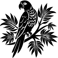 Black and White Parrot Silhouette on Tropical Branch