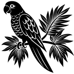 Black and White Parrot Silhouette on Tropical Branch
