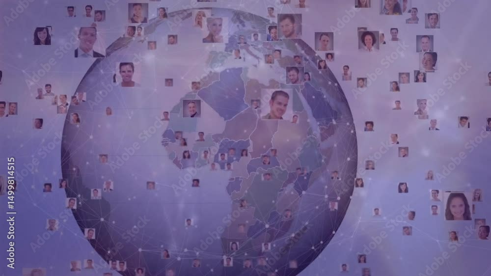 Poster globe rotating spawning floating portrait thumbnails and connecting lines showing connectivity