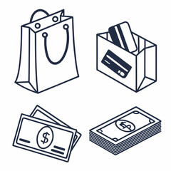 Shopping bag credit card money payment icons set
