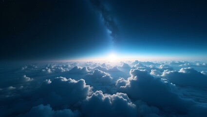 Naklejka premium Above the Cloudscape: Witness the breathtaking majesty of a vibrant sunrise piercing through a sea of clouds, with the stunning blue gradient, igniting a sense of wonder and awe.