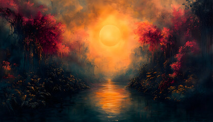 Fototapeta premium Dreamy river landscape Warm sun illuminates water flowing between trees, creating an ethereal, peaceful atmosphere