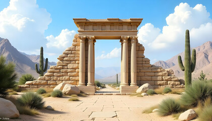 Obraz premium Ruins of an ancient stone gate with columns in the middle of a desert with cactuses, mountains in the background, blue sky with clouds 