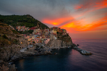 Manarola Coastal Village Sunset Panorama, Italy